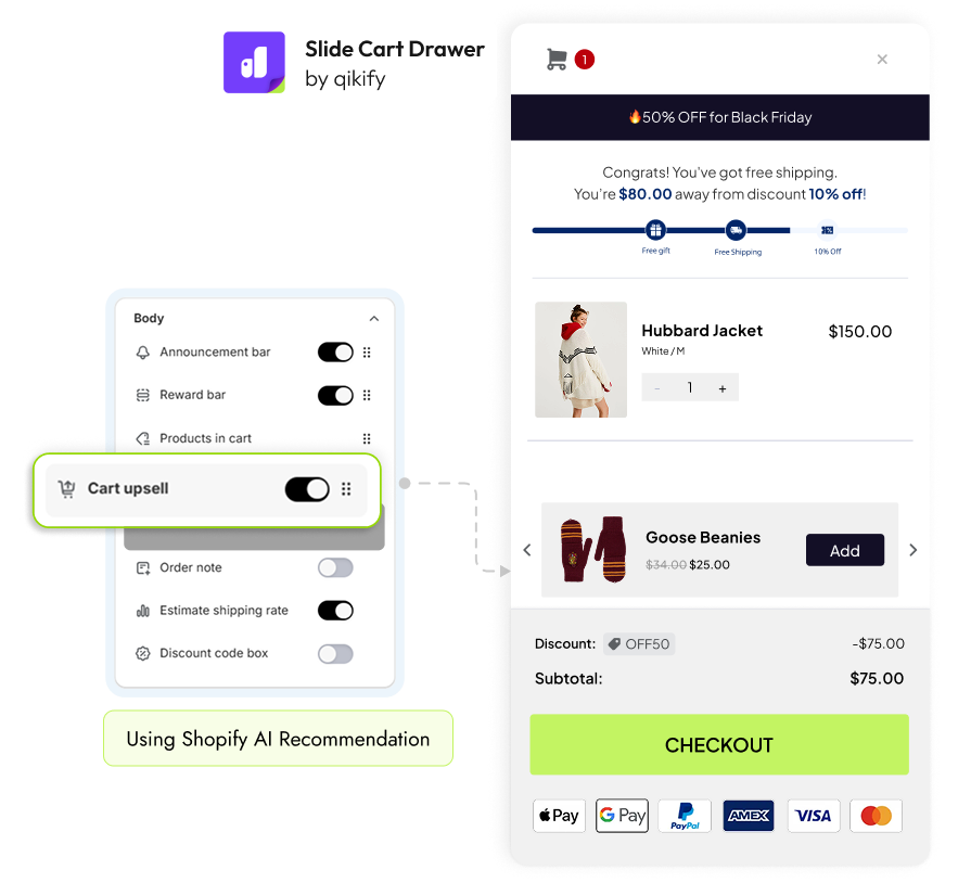Qikify Slide Cart Drawer — cart upsell toggle and drawer preview