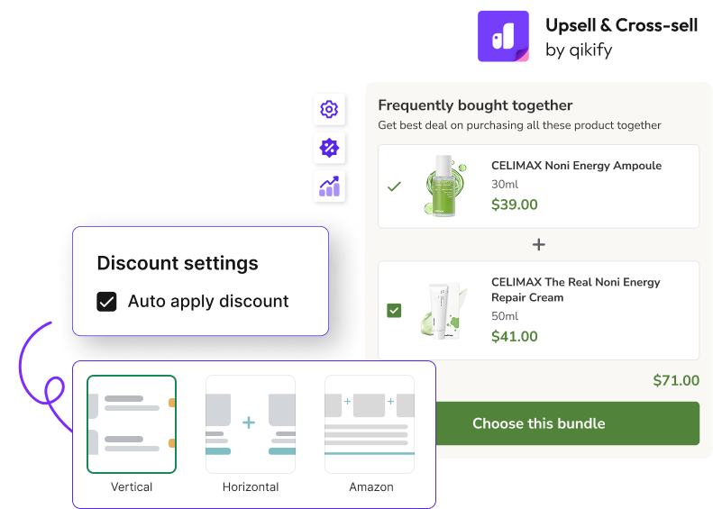 Qikify Upsell & Cross-sell — Frequently Bought Together widget with vertical, horizontal and Amazon layouts and auto-apply discount